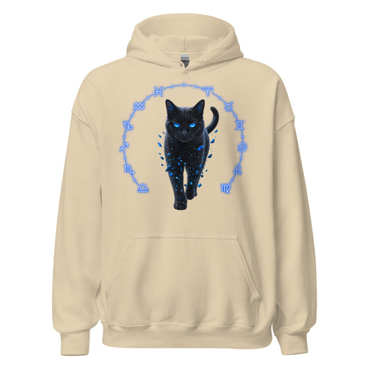 Astral Familiar black cat hoodie with electric-blue eyes and zodiac ring design