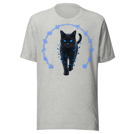 Astral Familiar black cat T-shirt with electric-blue eyes and zodiac ring design
