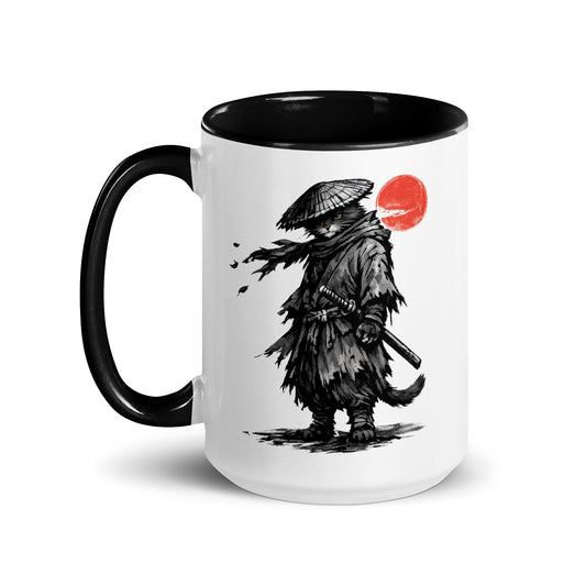 The Wayfarer samurai cat mug with lone feline traveler and red sun design