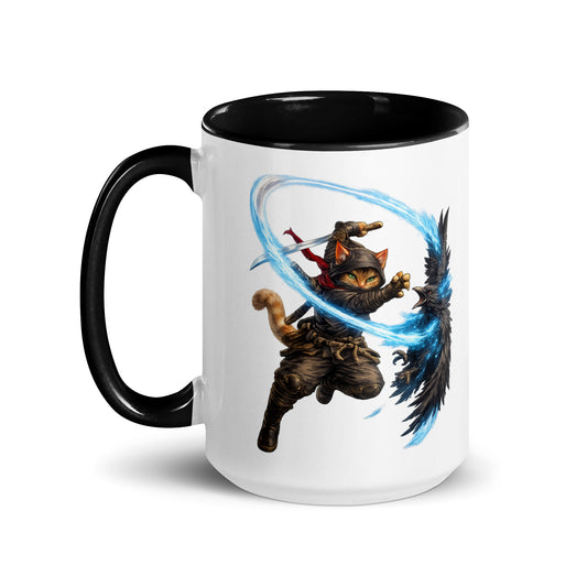Spectral Strike Ninja Cat mug with ninja cat, raven and blue energy design