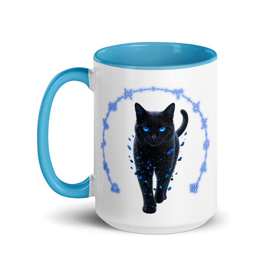 Astral Familiar black cat mug with electric-blue eyes and zodiac ring design