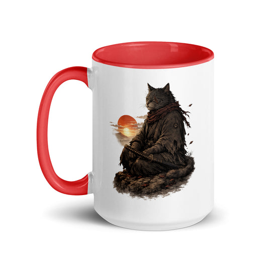 The Old Ronin samurai cat mug with weathered feline warrior design